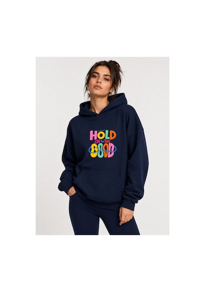 Herkesemoda Hold Good Baskılı Kapüşonlu 2 İplik Şardonlu Sweatshirt Lacivert