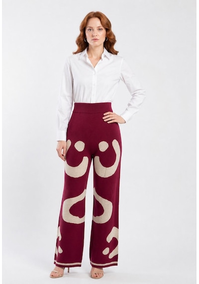 Neden Tekstil Bordo Desenli Yüksek Bel Triko Palazzo Kadın Pantolon