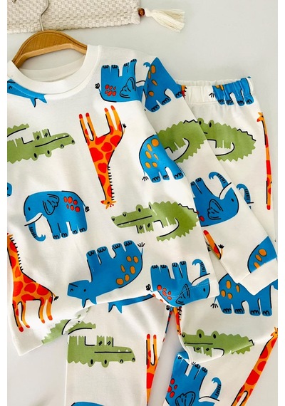 Minigimin Cicileri Hayvan Figür Baskılı Pamuklu Erkek Çocuk Pijama Takımı - Ekru