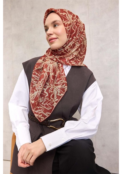 Silk Home Pamuk Polyester Soft Eşarp Kiremit Lilium Desenli Kaymaz Dokulu 90x90 Çok Renkli