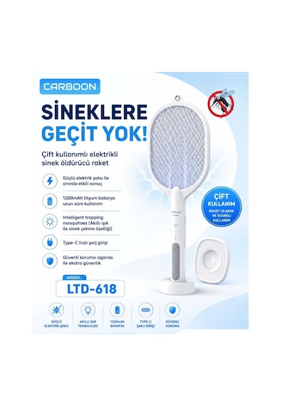 Carboon Ltd-618 Roket Model Elektrikli Sinek Öldürücü Cihaz Cız Lamba Mor Işık Şarj Edilebilir Sivrisinek Raketi