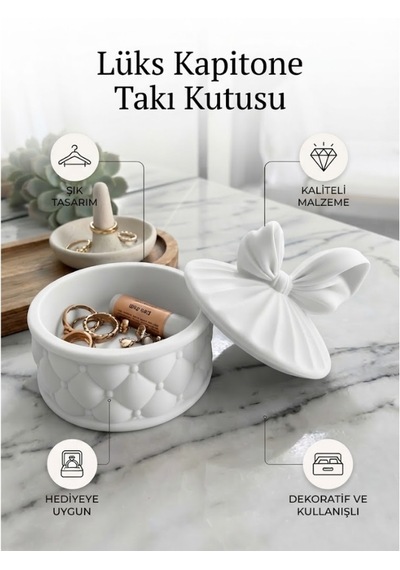 Lüks Kapitone Tasarımlı Takı Kutusu Ve Dekoratif Aksesuar Çanağı Beyaz