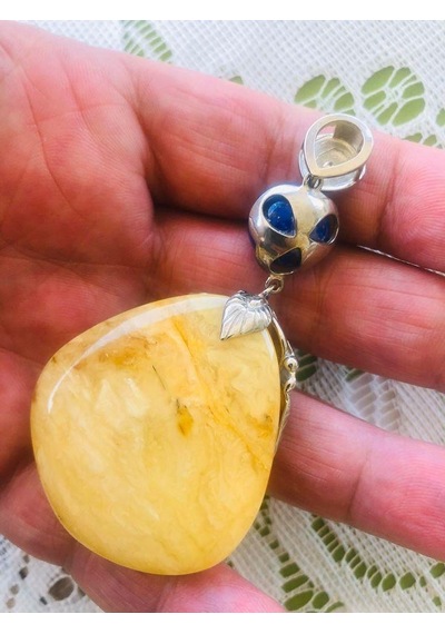 Doğal Kaya Damla Kehribar Lapis Lazuli Taşlı Kolye Ucu 23,34 Gram