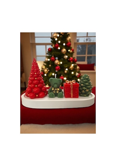 Yılbaşı Chrismas Noel Dekoratif Mum Seti 5 Li Çam Ağacı, Ayıcık, Hediye Kutusu, Kozalak,sunum Tabağ