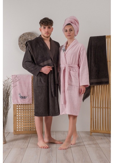 BAMBU 6 PARÇA AİLE BORNOZ SETİ NAKIŞLI PERLA PEMBE ANTRASİT Pembe