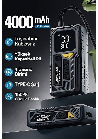 Şarjlı Araç Kompresörü 50w Dijital Basınç Ölçer & Led Işıklı Taşınabilir Hava Pompası
