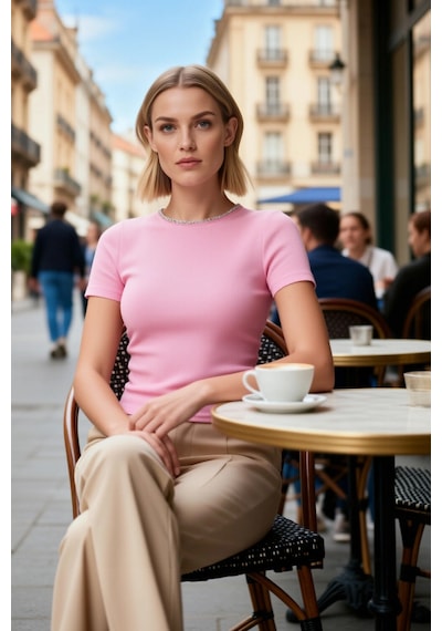 Benerly Kadın Bluz Bisiklet Yaka Kısa Kol Fitted Kalıp Örme Kumaş Aksesua Pembe