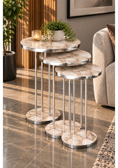 Sulorahome Gümüş Metal Ayaklı Efes Mermer Desenli 3'lü Zigon Sehpa Takımı Beyaz Mermer - Gümüş
