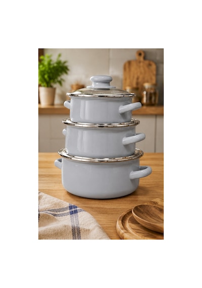 Alev Emaye Mini 3'lü Tencere Seti 12/14/16 Cm Gri Emaye Tencere Gri