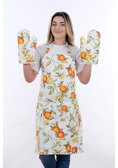 Sweet 3lü Set Ayarlanabilir Askılı Cepli Mutfak Önlüğü Seti 2 Eldiven Şeftali