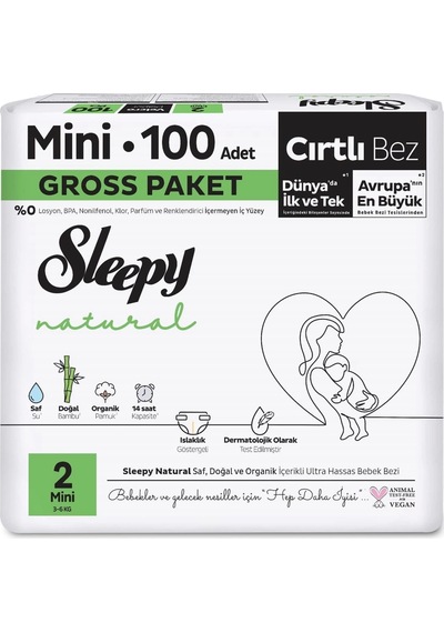 Sleepy Natural Bebek Bezi Gross Paket 2 Beden 3-6 Kg 100 Adet 2 Numara