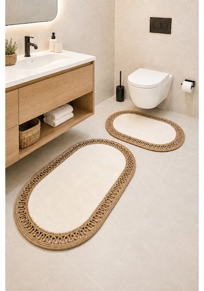 El Yapımı Bohem Banyo Paspası 2'li Peluş Kaymaz Jel Taban 40x60 Cm Ve 60x100 Cm Beyaz