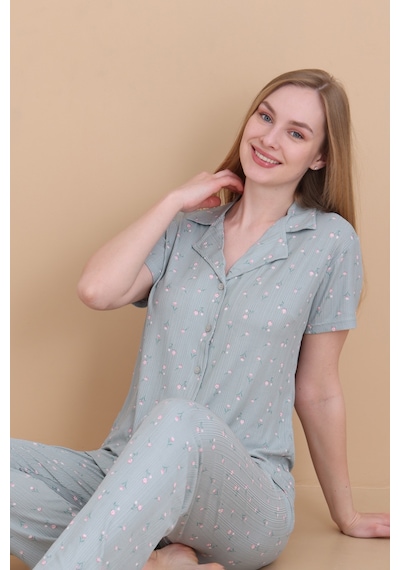 Wordex Mirano 9512 Güllü Pegasus Kumaş Düğmeli Kısa Kolu Kadın Pijama Takımı Yeşil