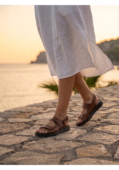 Fame Step Hakiki Deri Unisex Ortopedik Sandalet Yumuşak Taban Cırtlı Comfort Yazlık Günlük Terlik Taba