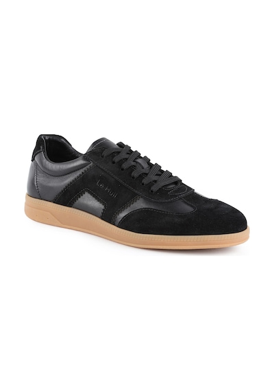 Erkek Sneaker Ayakkabı Hakiki Deri Süet Kombinli Bağcıklı Düz Kauçuk Taban Casual Retro Lbr H1033 Siyah