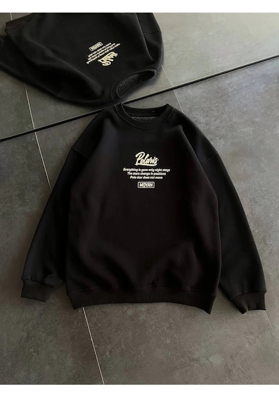 Kışlık Bisiklet Yaka Ön Ve Arka Baskılı Sweatshirt - Siyah Siyah