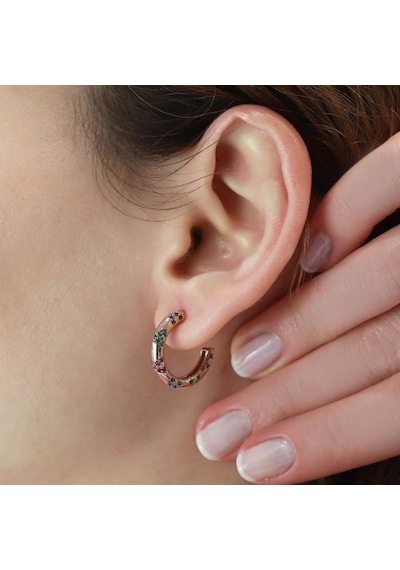 Rose Gold Kaplama Renkli Zirkon Taşlı Apm Modeli Halka Gümüş Küpe Gümüş