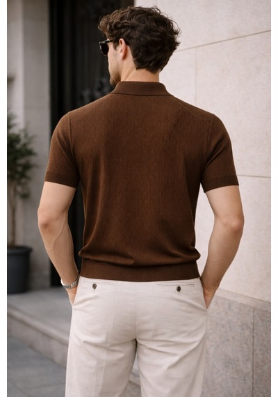 Erkek Fermuarlı Polo Yaka Triko Tişört Slim Fit Dokulu Yazlık Şık Casual Kahverengi