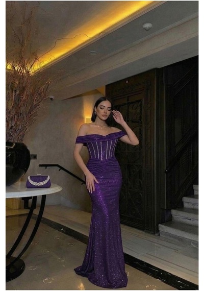 Lior Design Kadın Şık Model Krep Kumaş Balıkçı Yaka Dekolteli Abiye Elbise Mor