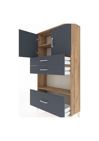 Arges Dolap 3 Raflı 3 Çekmeceli 2 Kapaklı 88x30x163 Çam-antrasit Atlas Çam