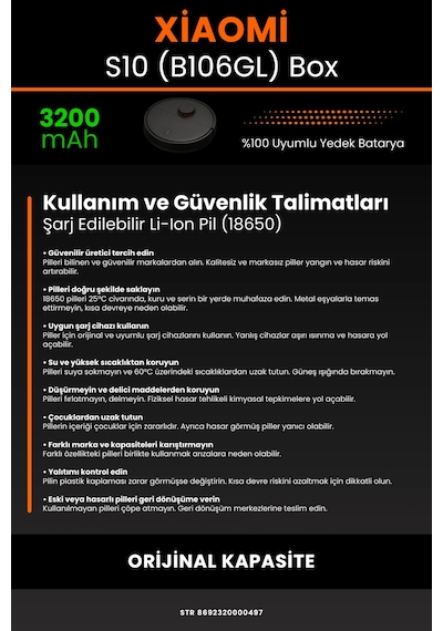 Xiaomi Robot Vacuum S10 B106gl Uyumlu 3200mah Box Robot Süpürge Bataryası - Kapasite
