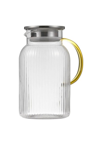 Qerhome Borosilikat Cam Çizgili Sürahi Gold Saplı Metal Kapaklı 1500 Ml