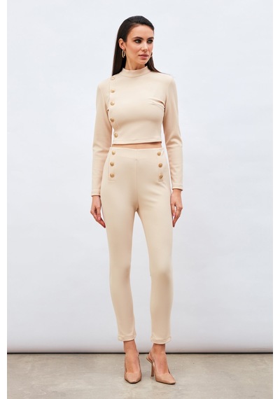 Sateen Düğme Detaylı Pantolon - Bej-132976 Bej