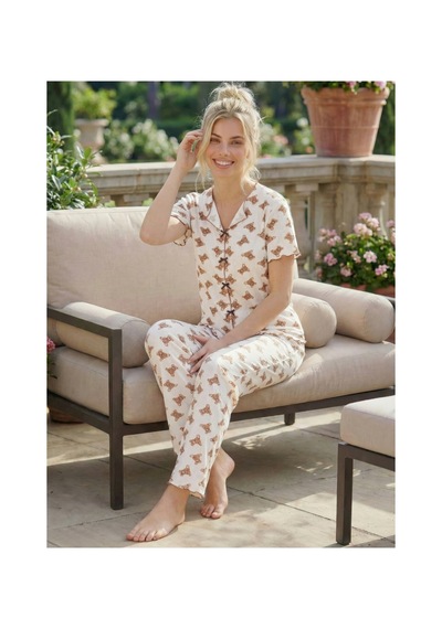 Eyfuze Kadın Baskılı Fiyonk Detaylı Raporlu Kaşkorse Kısa Kollu Pijama Takımı Beyaz