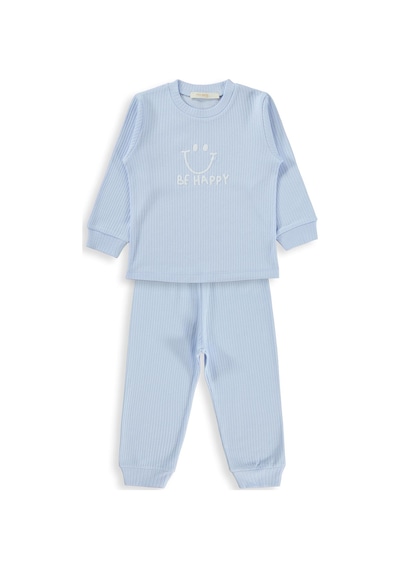 Minidamla Baby Minidamla Gülen Yüz Baskılı 1-6 Yaş Pijama Takımı - Mavi Açık Mavi