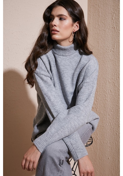 Lela Premium Oversize Fit Balıkçı Yaka Yumuşak Dokulu Triko Bayan Kazak 680Kz00469 Açık Gri
