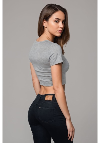 Squitee The Legend Baskılı Gri Melanj Crop Top - Beden: M