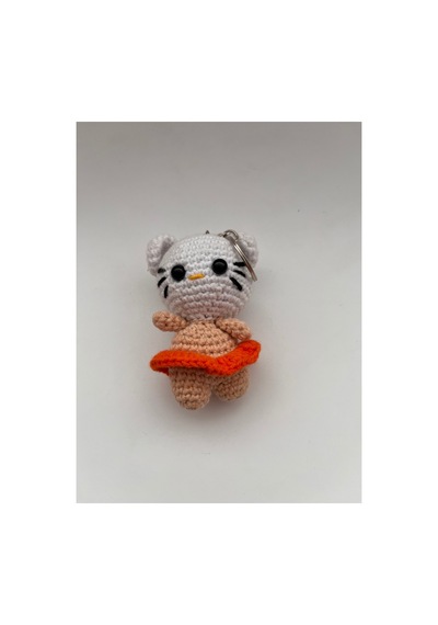 Örgü Amigurumi Kedi Figürlü Anahtarlık Bej Bej