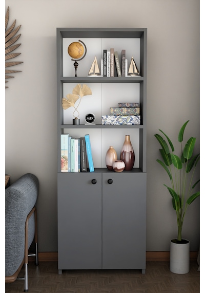 Kapaklı Çok Amaçlı Salon Dolabı 150x50x22 Cm Raflı Kitaplık Dekoratif Depolama Ünitesi Antrasit