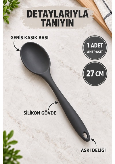 Tekli Antrasit Büyük Boy Silikon Kaşık 27 Cm Mutfak Yemek Pişirme Ve Servis Kaşığı Mutfak Yardımcısı