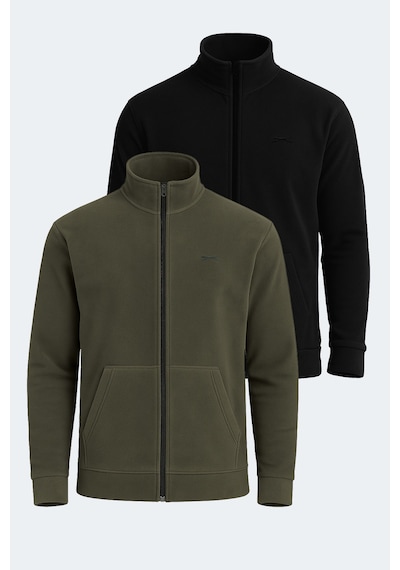Slazenger Sansa 2 Li Set Erkek Fermuarlı Dik Yaka Cepli Siyah - Haki Polar Siyah - Haki