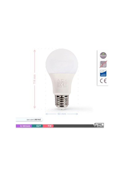 Ampül 9w 6500k E27 A60 880 Lumen Sku: Smg8690010224507 Açık Kahverengi