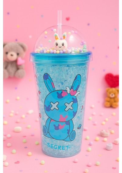 Sevimli Bunny Tavşan Figürlü Renkli Boncuklu Kristal Efektli Tasarım Pipetli Bardak Suluk Mavi 2087 Çok Renkli