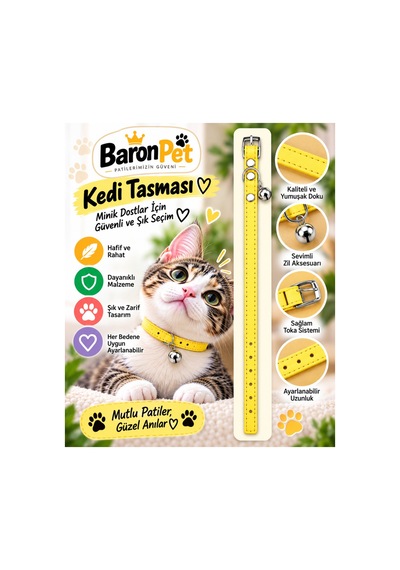 Kedi Tasması Sarı Deri Gümüş Tokalı Zilli Ayarlanabilir Boyun Tasması