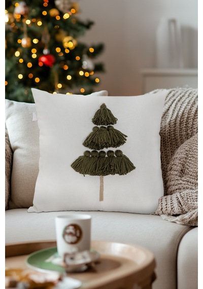 Charm Özel Püskül Dikiş Çam Ağacı Motifli Krem Kırlent 45x45 3525 Krem