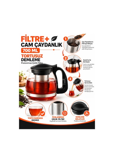 700 Ml Filtreli Cam Çaydanlık Paslanmaz Çelik Süzgeçli, Siyah Kapaklı Ve Kulplu, Isıya Dayanıklı Cam Demlik, Bitki Çayı Demliği