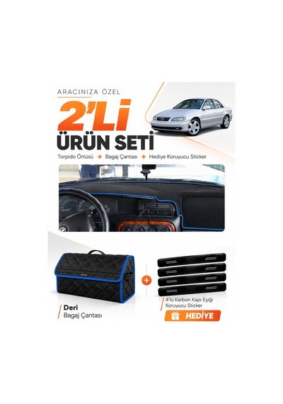 E-biz Opel Omega 1993-2003 Uyumlu Torpido Örtüsü + Deri Bagaj Çantası Seti - Siyah-mavi - Op013