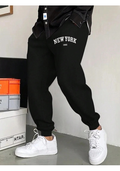 Hypemode Letter Graphic Drawstring Waist Eşofman Altı Siyah
