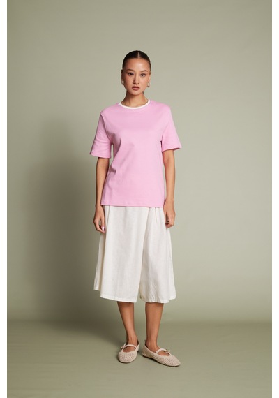 Pamuklu Kısa Kollu Kontrast Bisiklet Yaka T-shirt Pembe