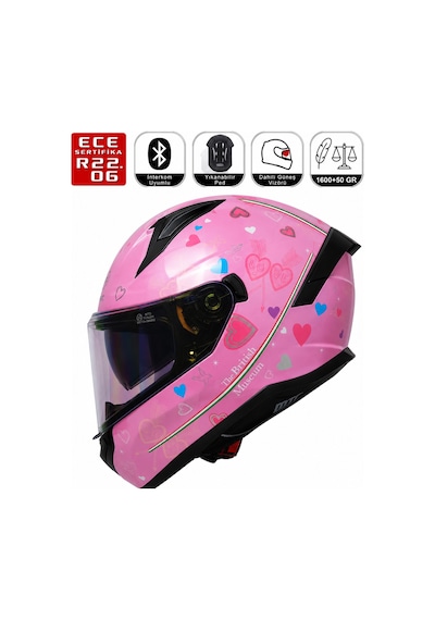 Motosiklet Kadın Kaskı 22.r06 Sertifikalı Güneş Vizörlü Fiber Kask Full Face Motor Stora Lady Pembe