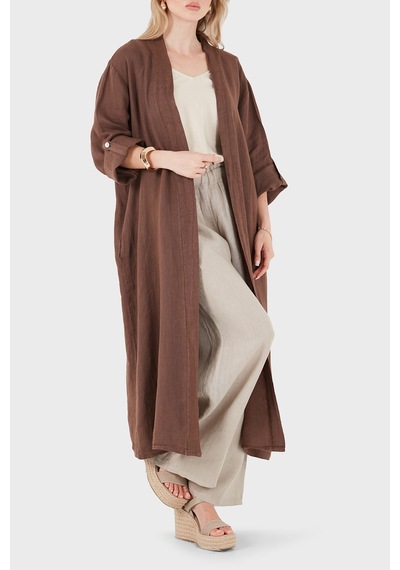 Via Dante % 100 Keten Dantel Ve Brode İşleme Detaylı Kimono Bayan Kimono 7183609 Kahve