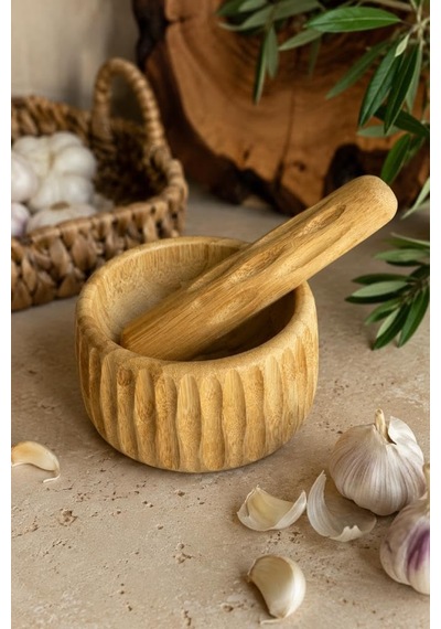 Tr Doğal Bambu Çizgili Havan Ve Tokmak Seti 11x6.5 Cm - Sarımsak Baharat Ezici Ve Öğütücü Ahşap Havan Takımı