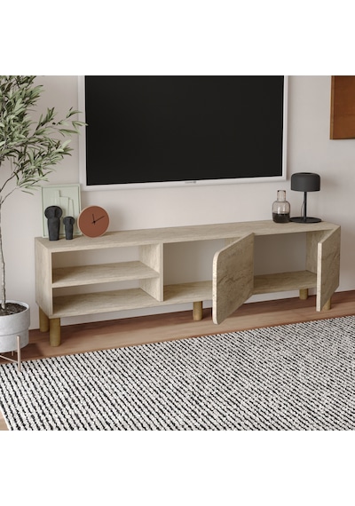 İnarch Dizayn River 150 Cm Modern Tv Sehpası Kapaklı Ve Raflı Tasarım Traverten