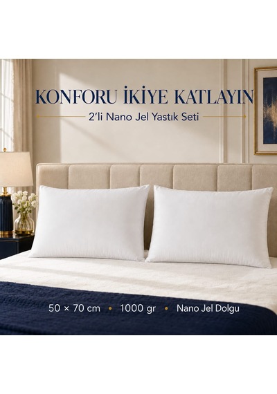 Sinada 2 Adet Microfiber 1000gr Nano Jel Yastık 50x70 Cm - %100 Pamuk Kılıflı Beyaz