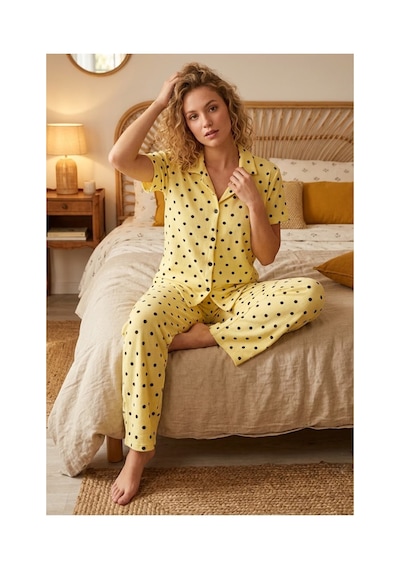 Fit Women Sarı Puantiyeli Düğmeli Pijama Takımı 4642-sarı