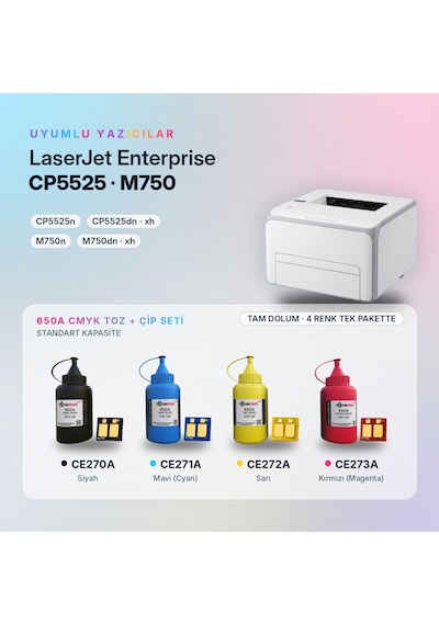 Hp 650a Toner Tozu + Çip Takım / Color Laserjet Enterprise Cp5525 / M750 / Ce270a / Ce271a / Ce272a / Ce273a